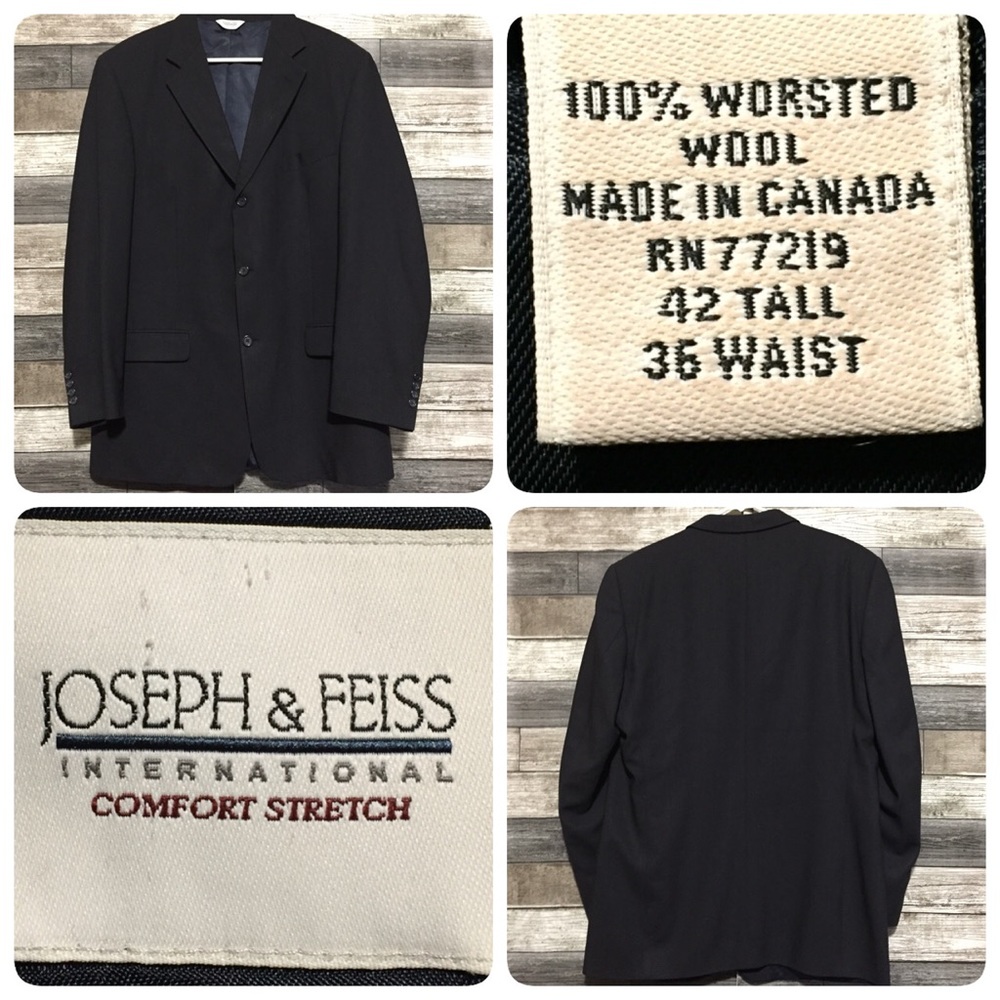 Joseph Feiss Wool Blazer Jacket Men’s 42 Tall Black 3 Button Canada Made.